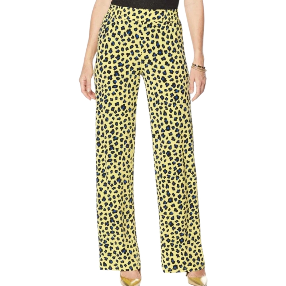 IMAN Yellow Blue Black Animal Print Wide-Leg Pants Pull On Palazzo Plus 3XT TALL